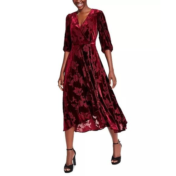 NWT Calvin Klein Velvet Burnout A-Line Midi Dress Wine Maroon - Picture 1 of 9